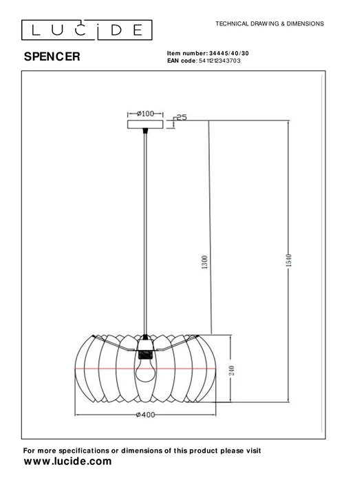 Lucide SPENCER - Hanglamp - Ø 40 cm - 1xE27 - Zwart - technisch